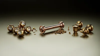 Gold Cabinet Hardware Knobs and Screws on Metallic Surface