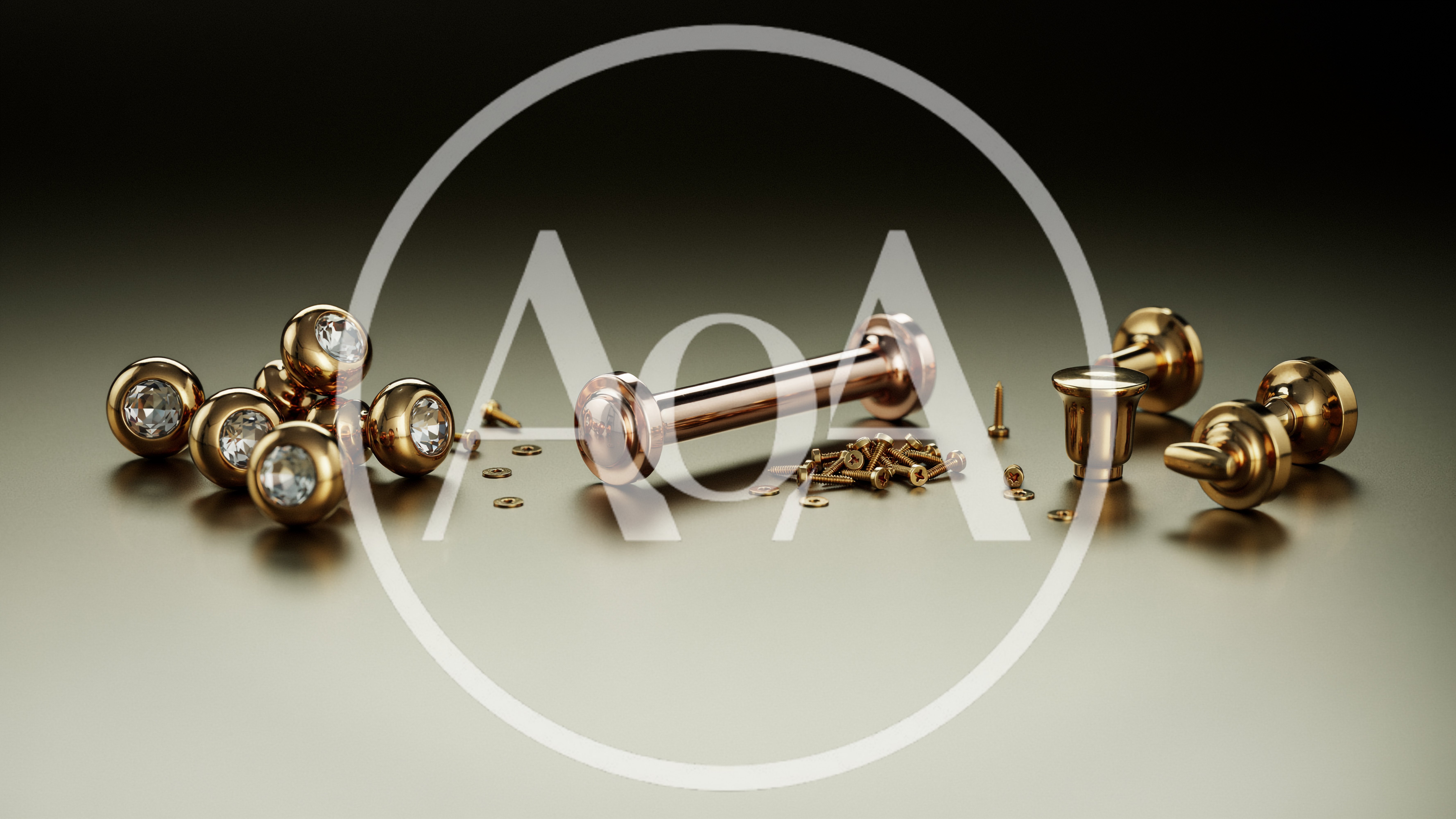 Gold Cabinet Hardware Knobs and Screws on Metallic Surface