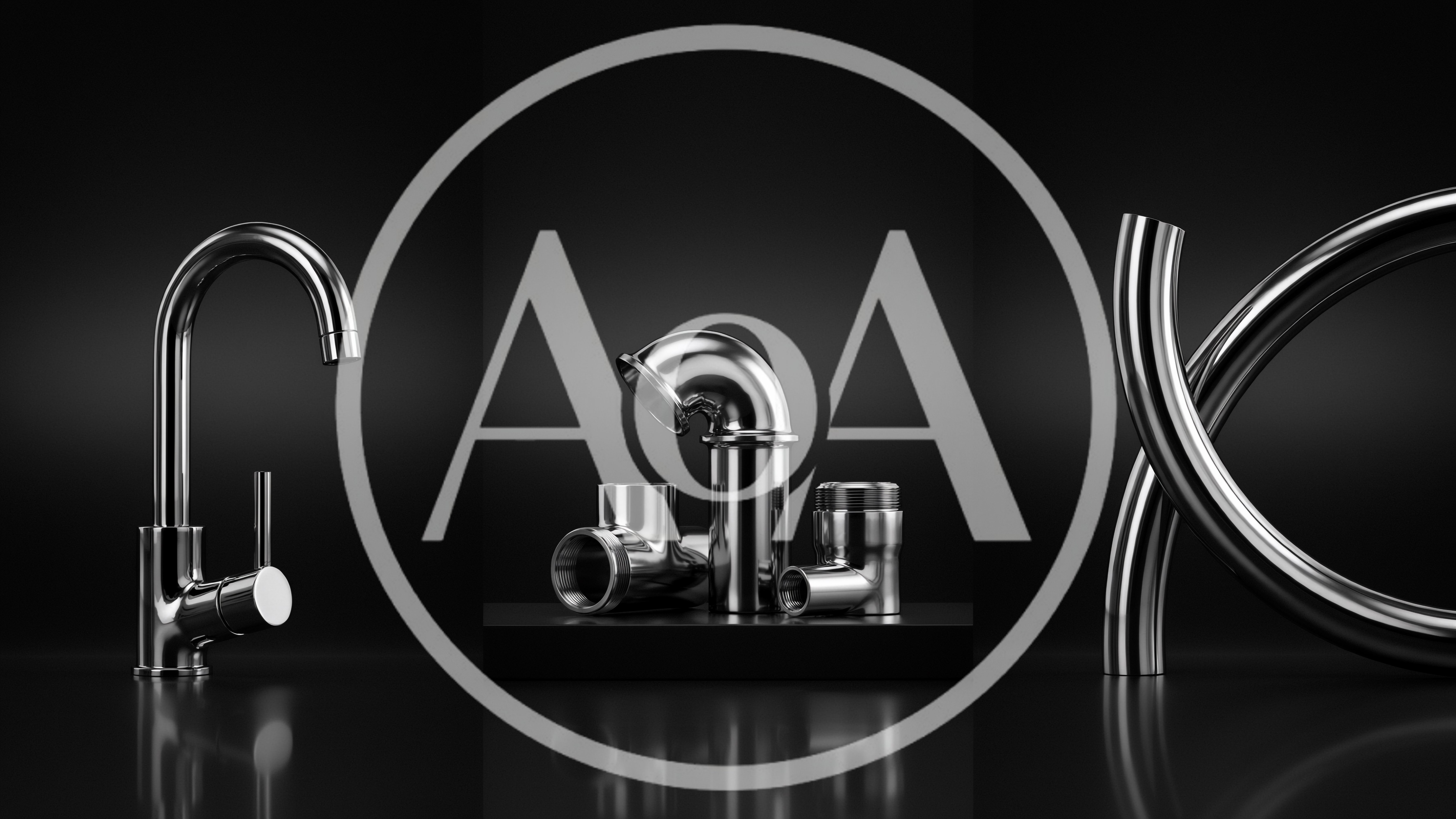 Chrome Plumbing Fixtures and Pipes on Black Background