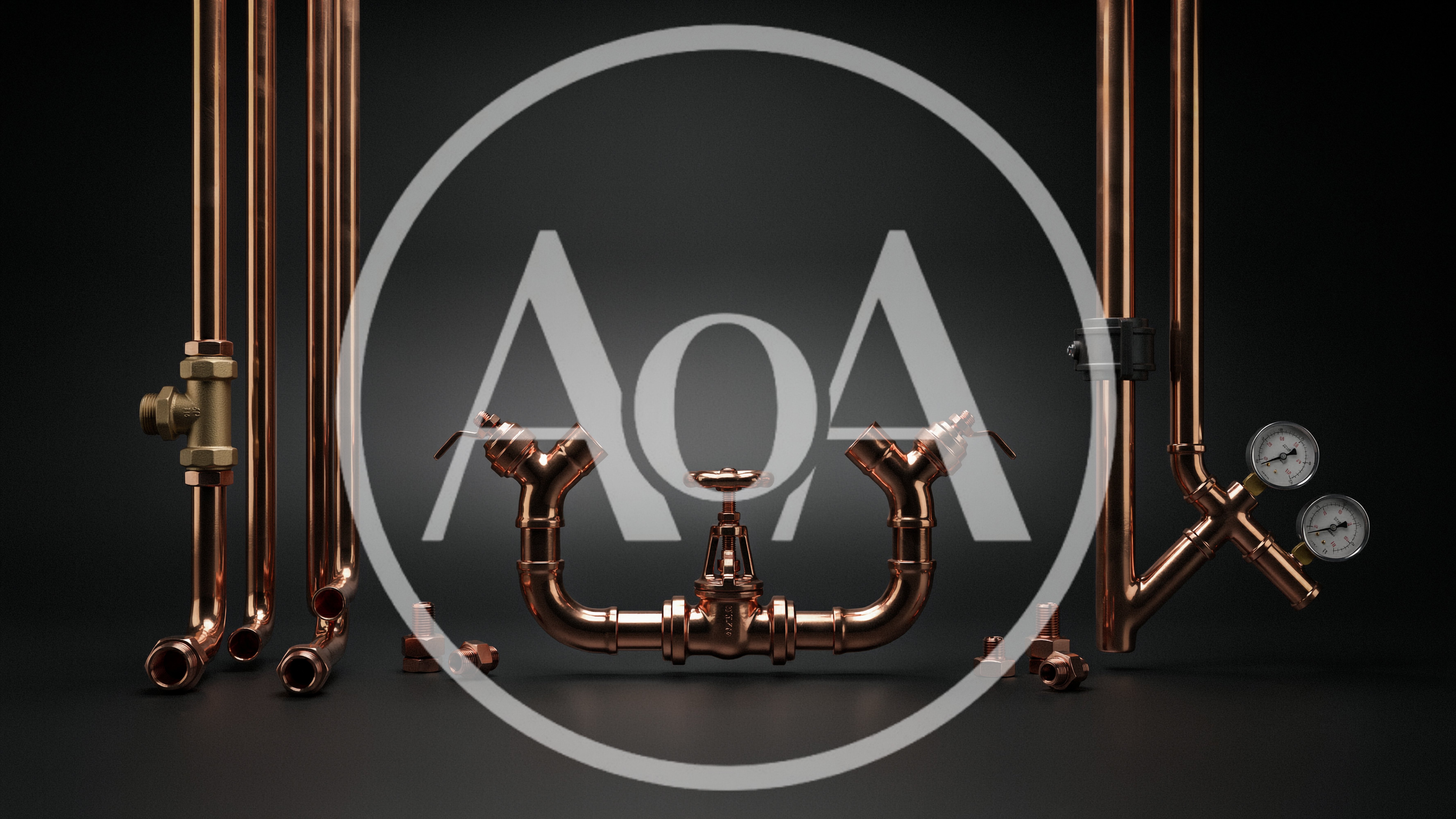 Copper Plumbing Pipes and Valves on Dark Background