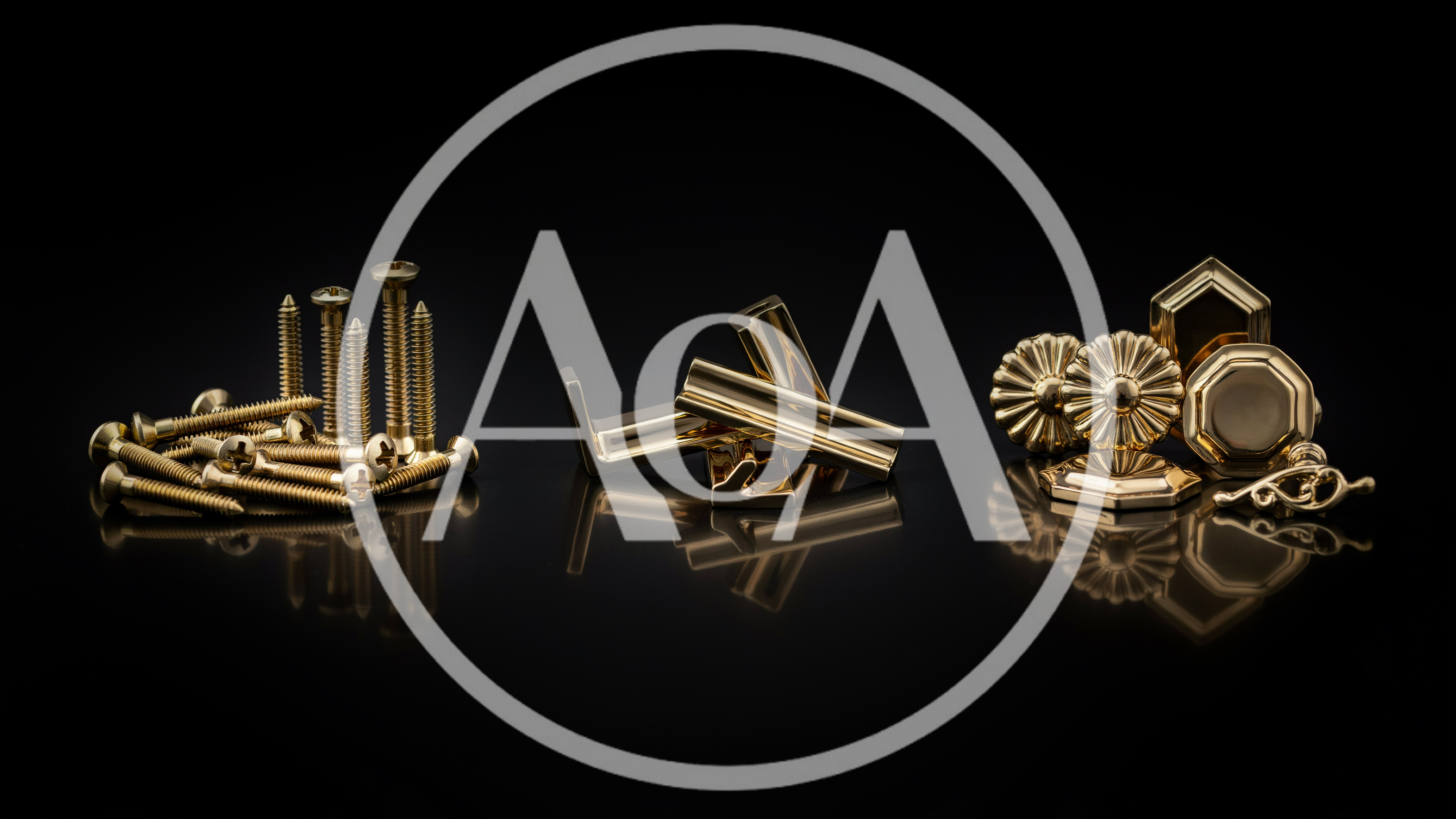 Gold Furniture Hardware Components on Black Reflective Surface