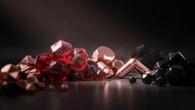 Abstract Composition Of Red Gemstones And Metallic Geometric Shapes