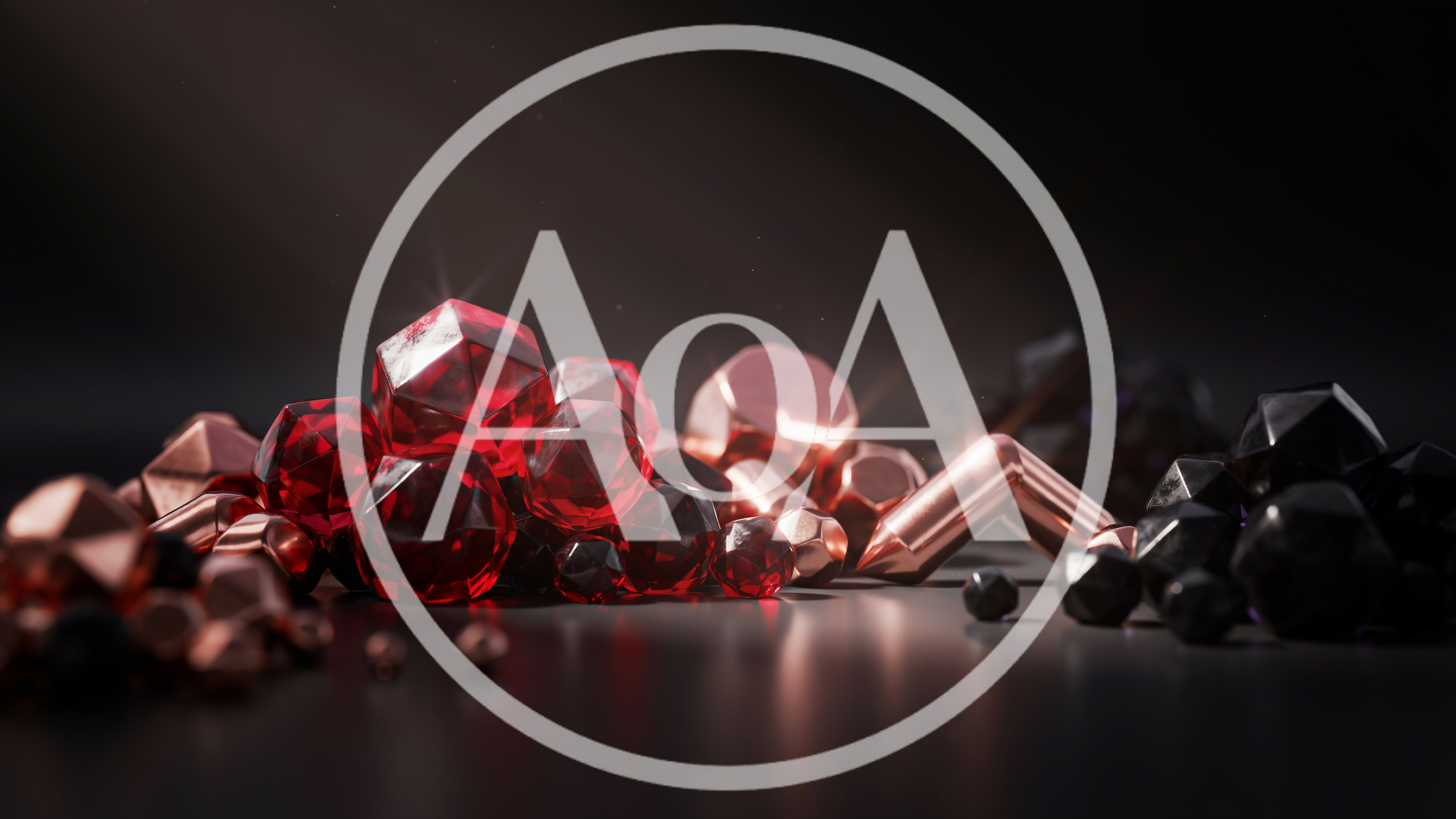 Abstract Composition Of Red Gemstones And Metallic Geometric Shapes