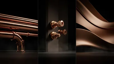 Abstract Copper Industrial Components And Metallic Curves