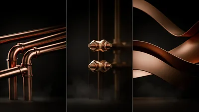 Abstract Copper Industrial Elements In Three Panel Composition