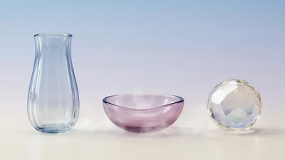 Glass Vase Bowl and Faceted Sphere on Gradient Background