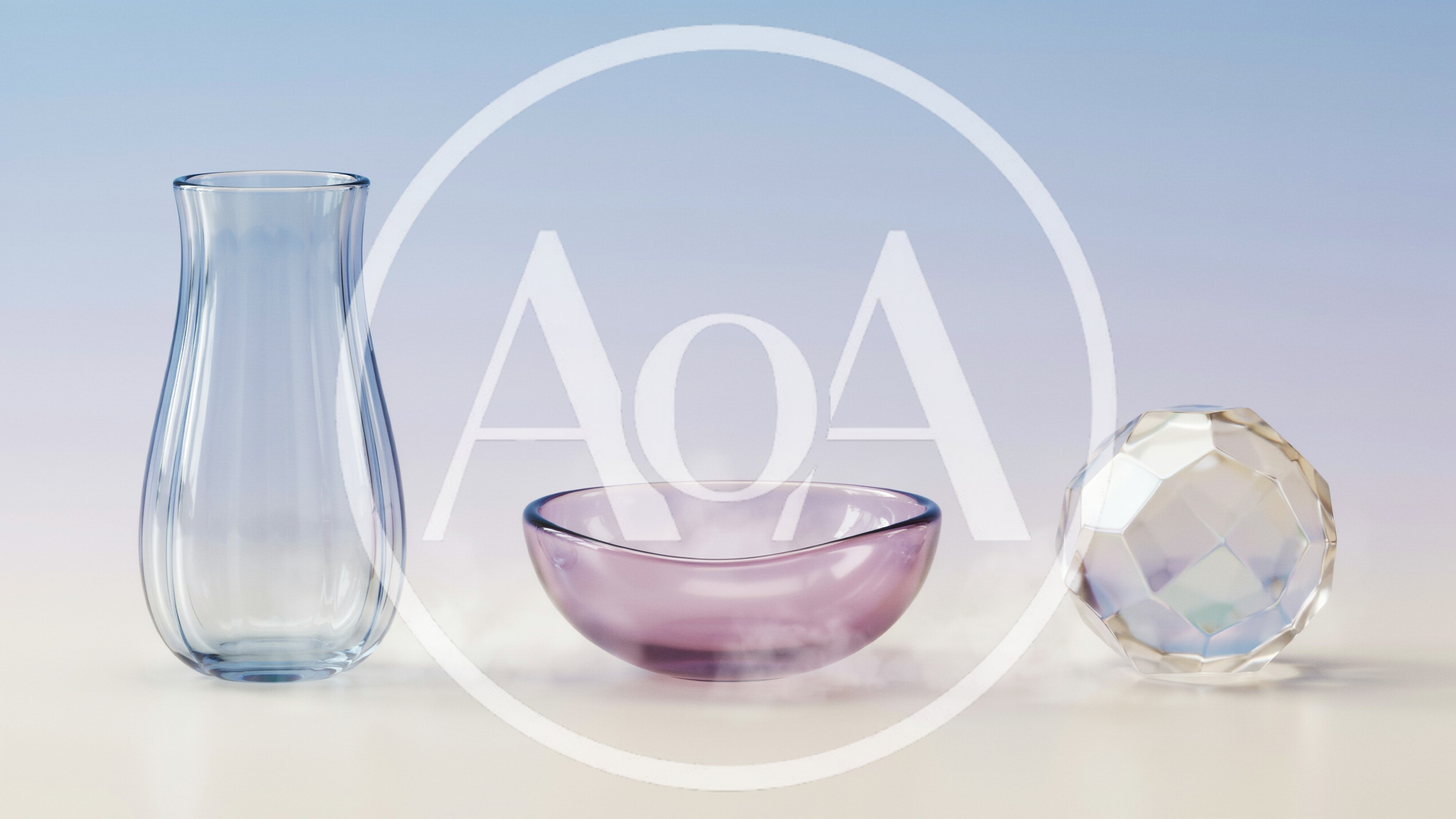 Glass Vase Bowl and Faceted Sphere on Gradient Background