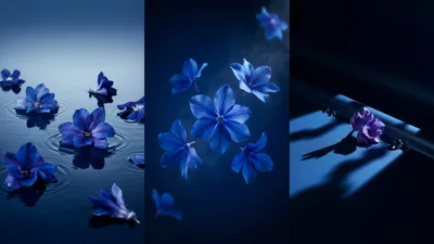 Blue Flowers Floating and Suspended in Dark Atmosphere
