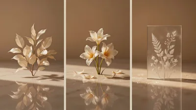 Minimalist Botanical Still Life Triptych With Soft Lighting