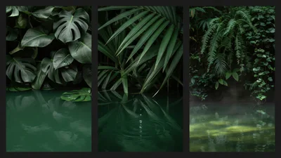 Triptych Of Lush Tropical Foliage Overhanging Calm Water