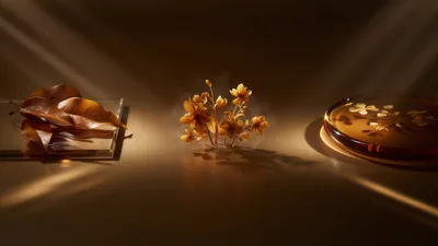 Minimalist Still Life With Golden Flowers And Leaves