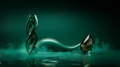 Abstract Green Glass Sculptures With Fog And Water