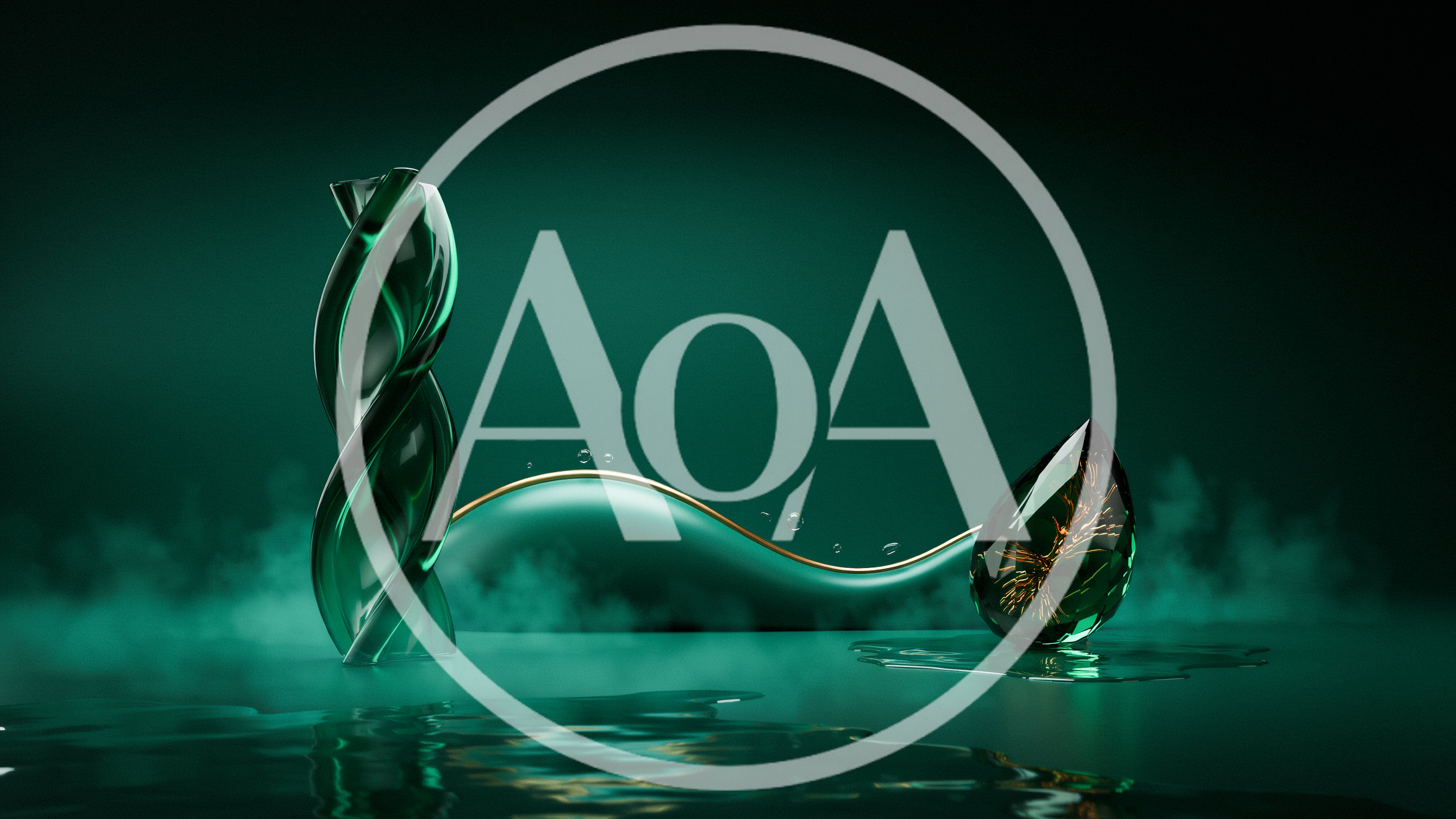 Abstract Green Glass Sculptures With Fog And Water