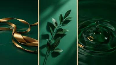 Abstract Triptych Featuring Gold Ribbon Leaf And Water Ripple
