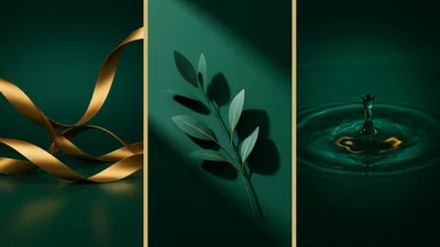 Abstract Triptych Featuring Gold Ribbons Leaves And Water Droplets