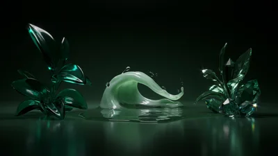 Abstract Green Liquid Wave With Glass Crystal Foliage