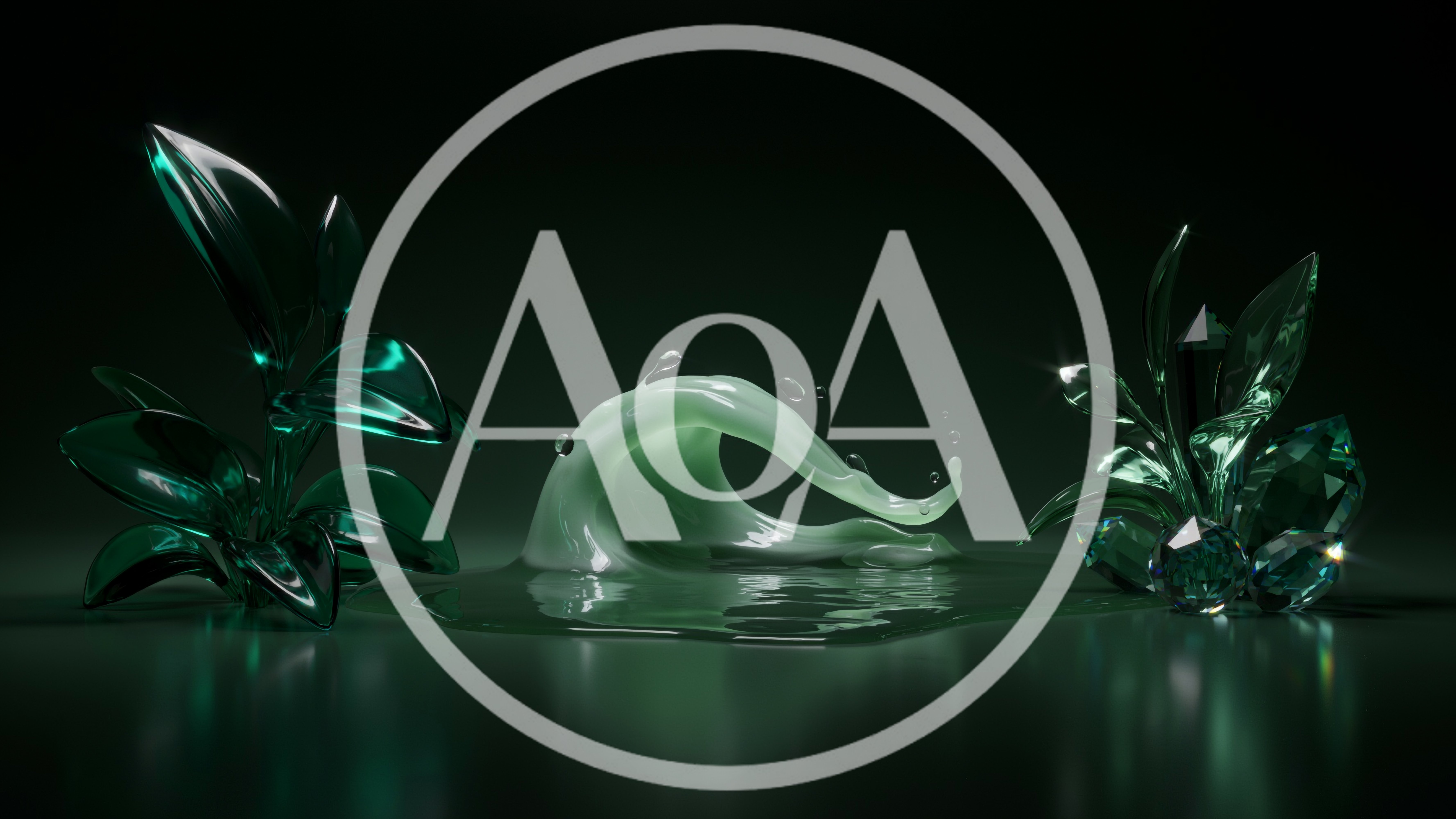 Abstract Green Liquid Wave With Glass Crystal Foliage