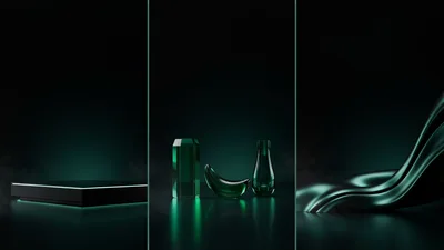 Abstract Green Glass Objects On Dark Reflective Surface