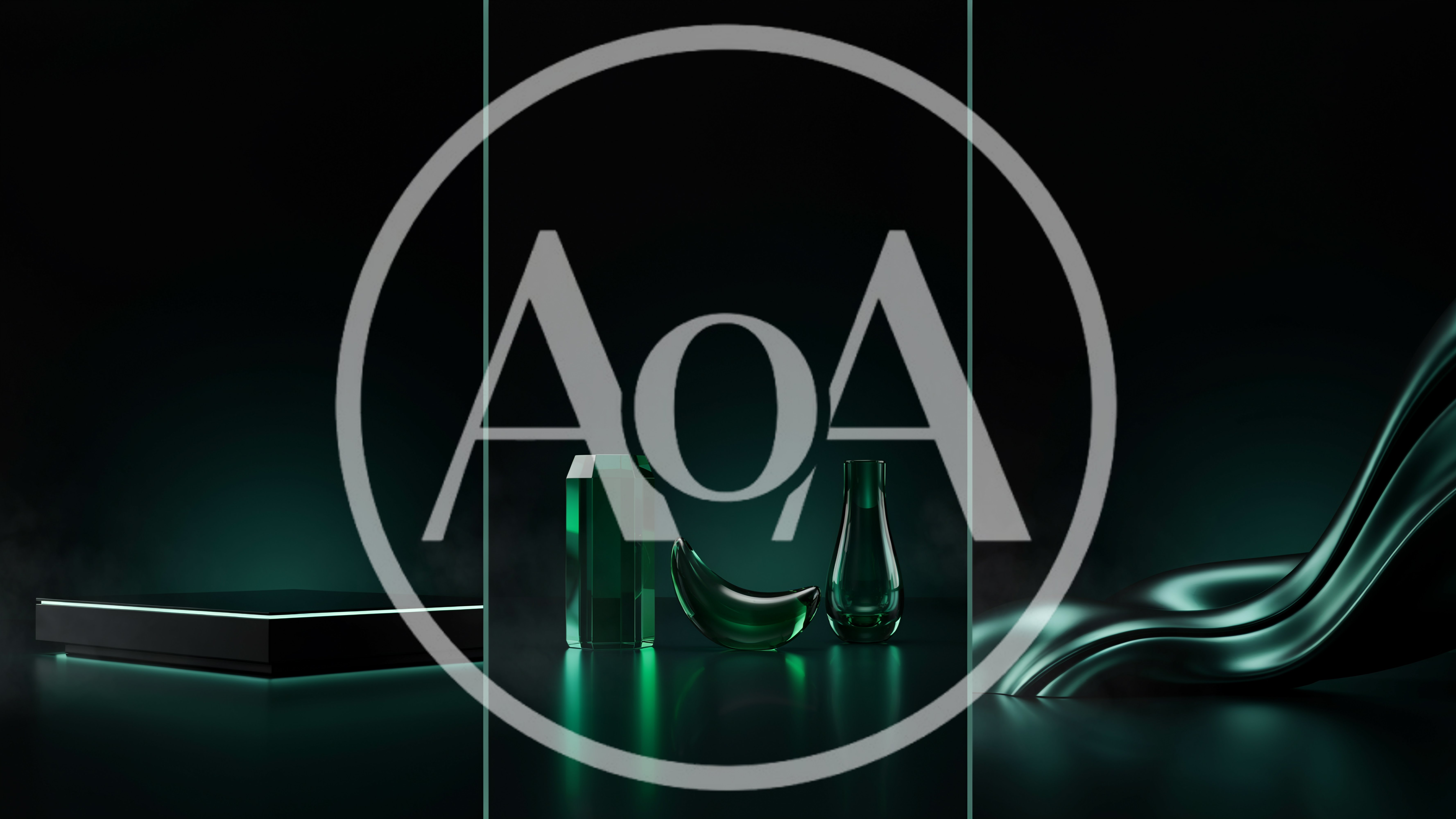Abstract Green Glass Objects On Dark Reflective Surface