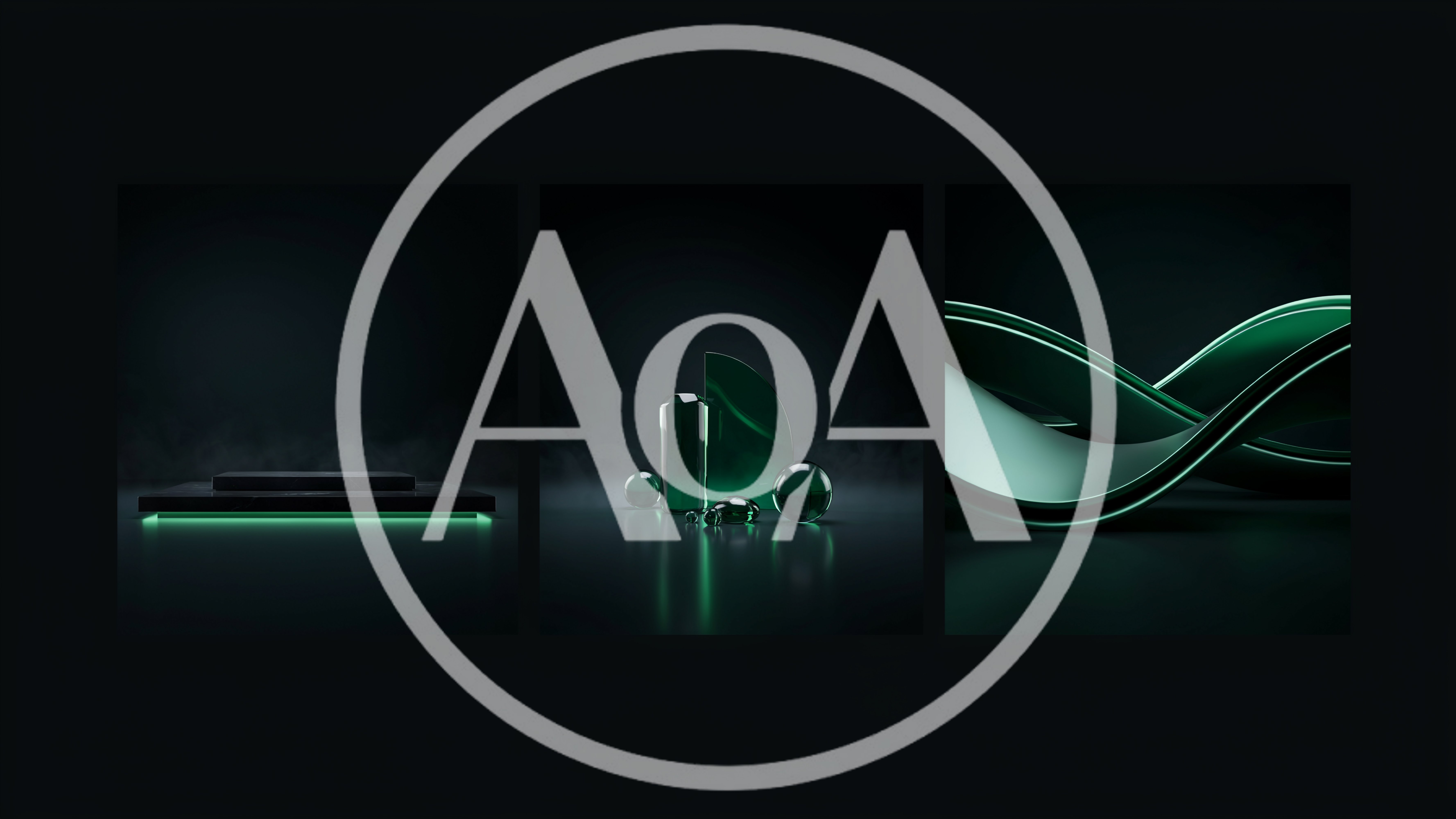 Abstract Green Glass Geometric Shapes And Podium Set