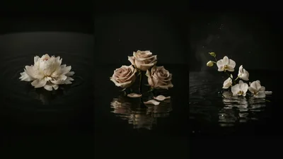 Three Floral Compositions Floating On Dark Water