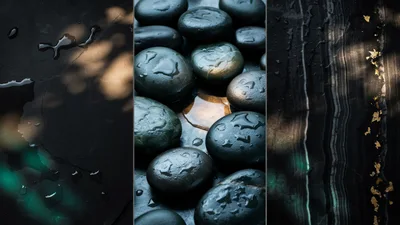Abstract Triptych Of Wet Black Stones And Textures