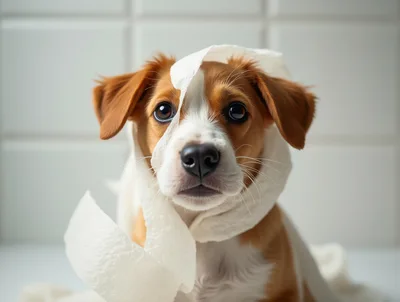 Cute Puppy Wrapped In Toilet Paper