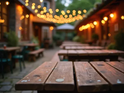 Empty Wooden Picnic Tables at Outdoor Restaurant