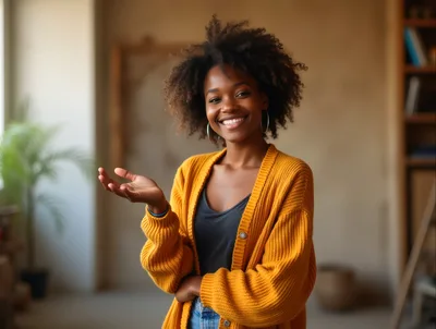 Smiling Young Woman Gesturing In A Cozy Home Office