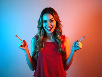 Excited Young Woman Pointing To Both Sides