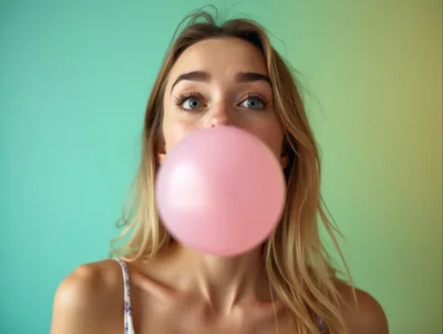 Young Woman Blowing A Pink Bubblegum Bubble