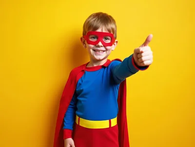 Young Boy Dressed As A Superhero Giving A Thumbs Up
