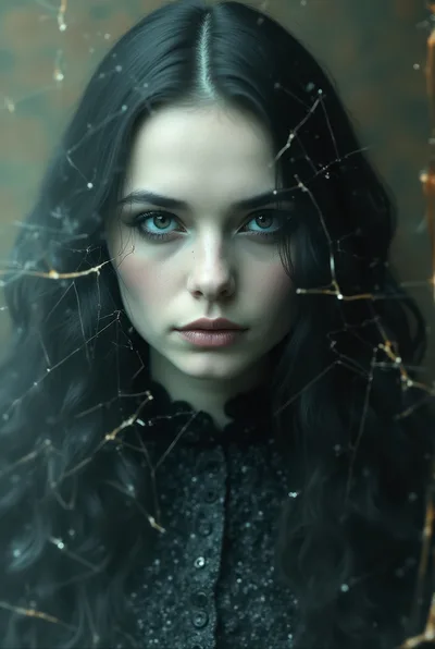 Portrait Of A Mysterious Young Woman Behind Cracked Glass
