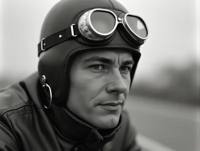 Portrait Of A Vintage Aviator Wearing Leather Helmet