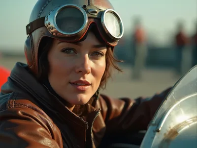 Female Aviator Wearing Vintage Leather Helmet And Goggles