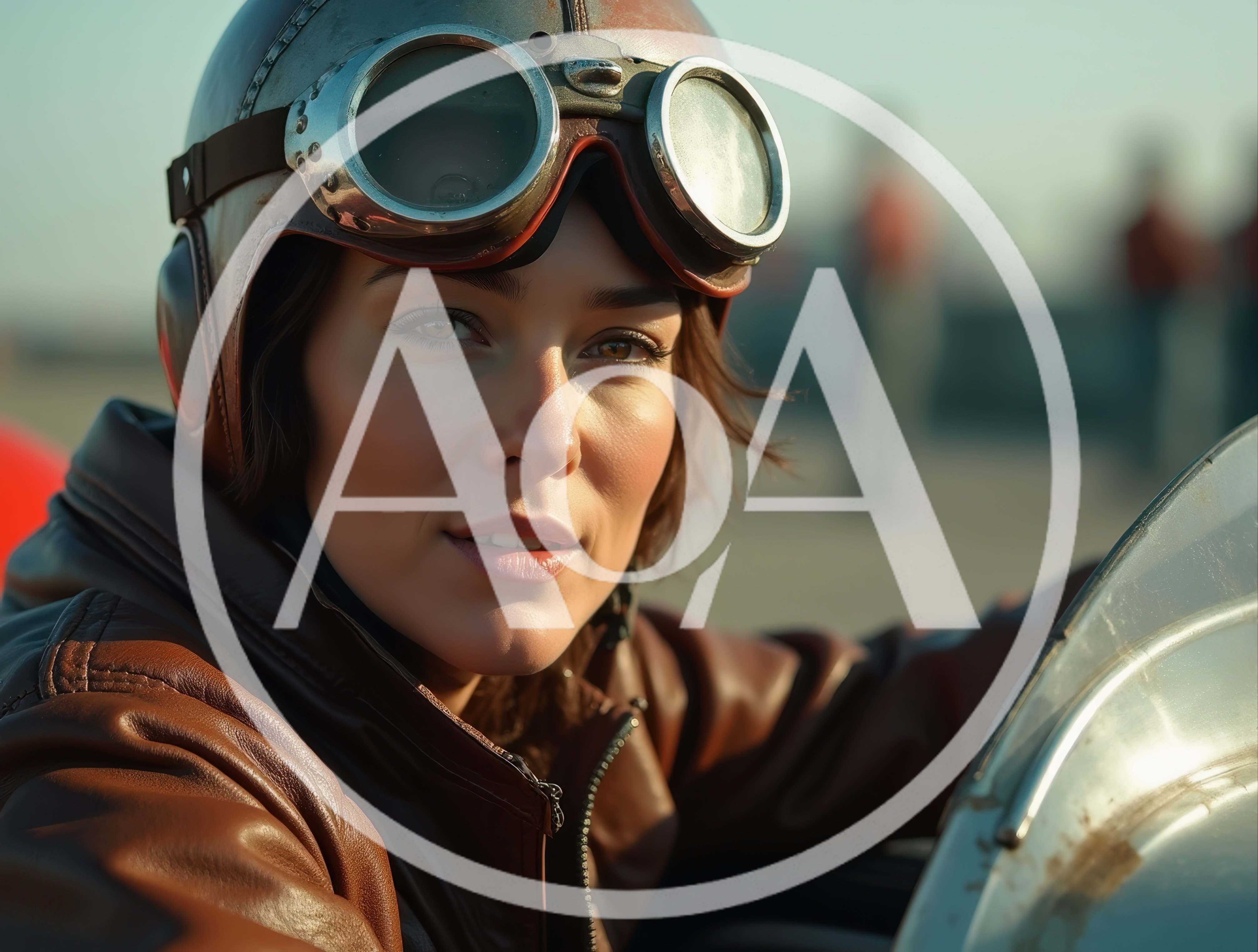 Female Aviator Wearing Vintage Leather Helmet And Goggles