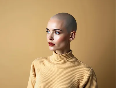 Portrait Of A Beautiful Bald Woman In Beige Turtleneck