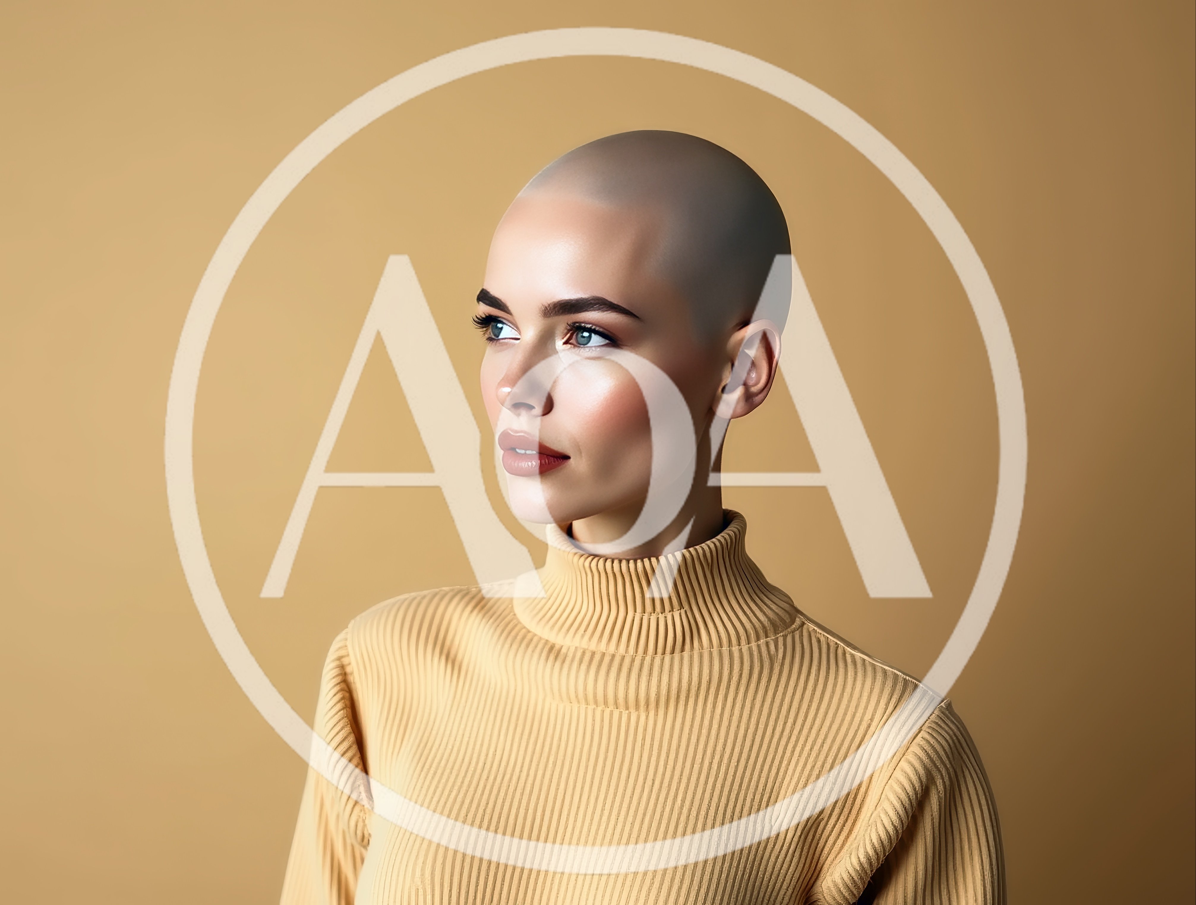 Portrait Of A Beautiful Bald Woman In Beige Turtleneck