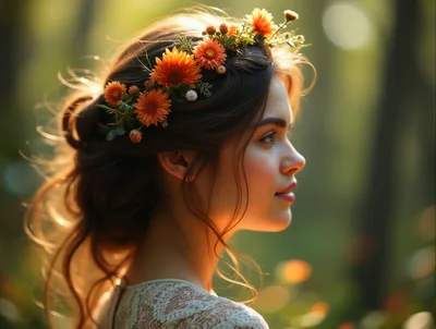 Young Woman With Floral Crown In Sunlit Forest