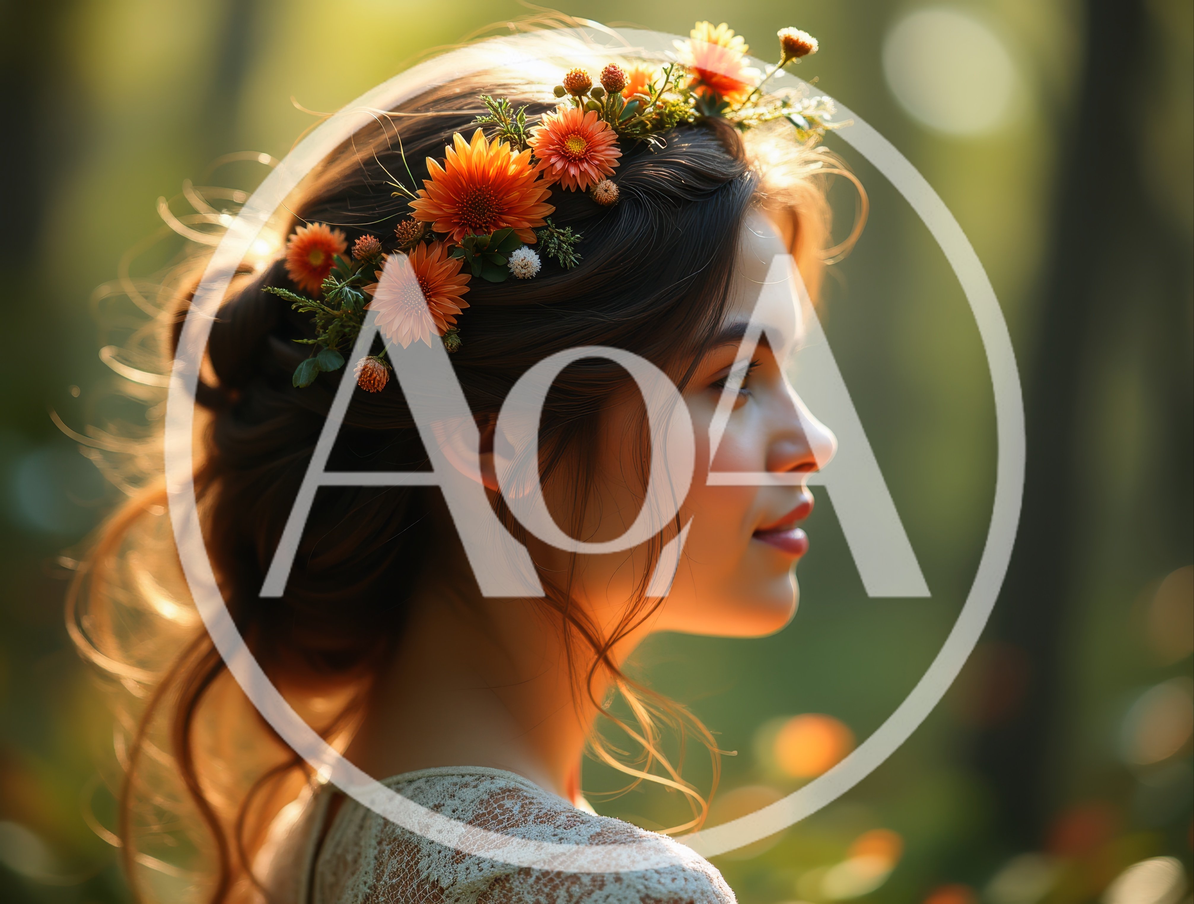 Young Woman With Floral Crown In Sunlit Forest