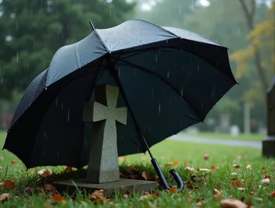 Black Umbrella Shielding A Stone Cross In A Cemetery