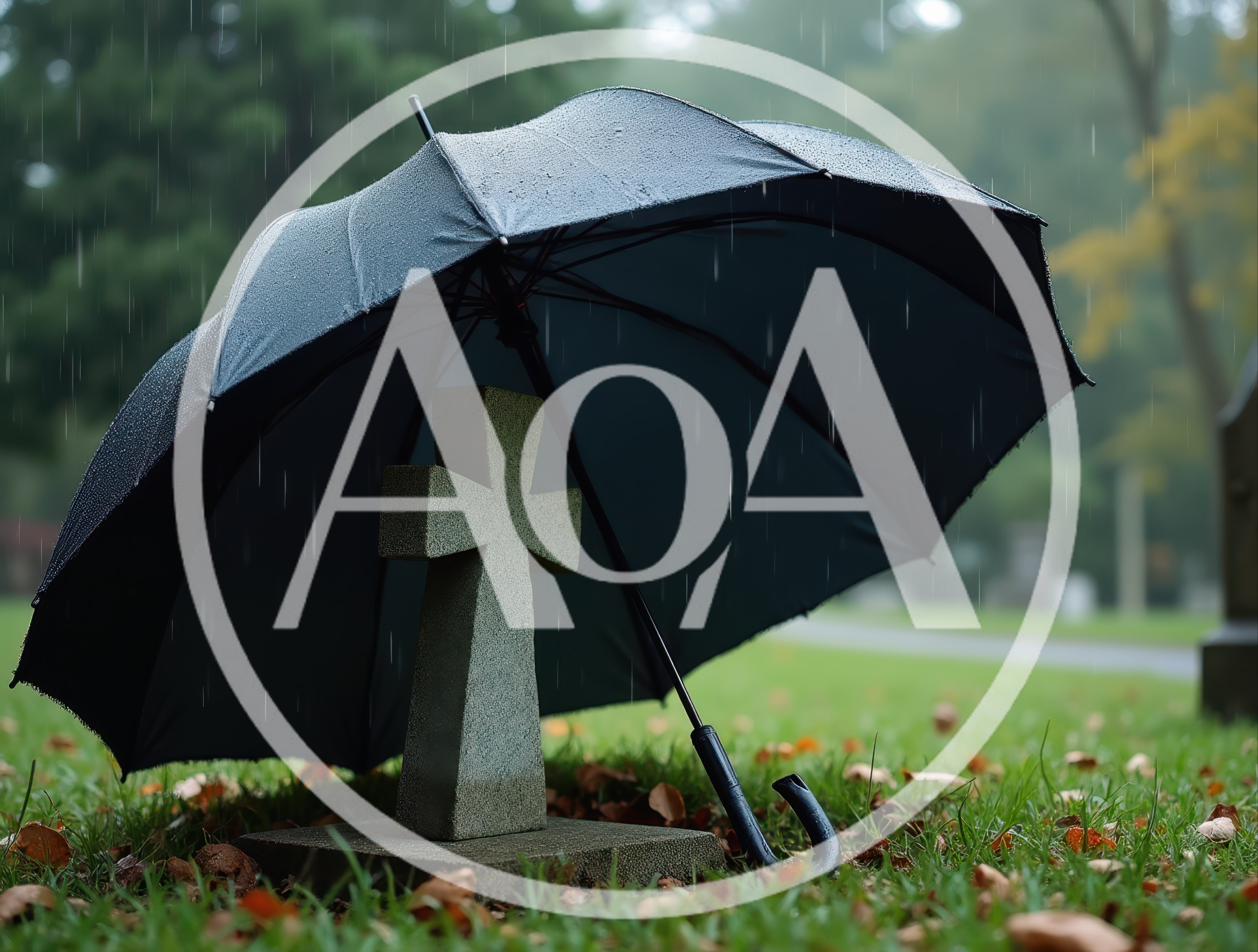 Black Umbrella Shielding A Stone Cross In A Cemetery