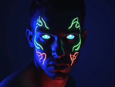 Portrait Of A Man With Glowing Neon Face Paint