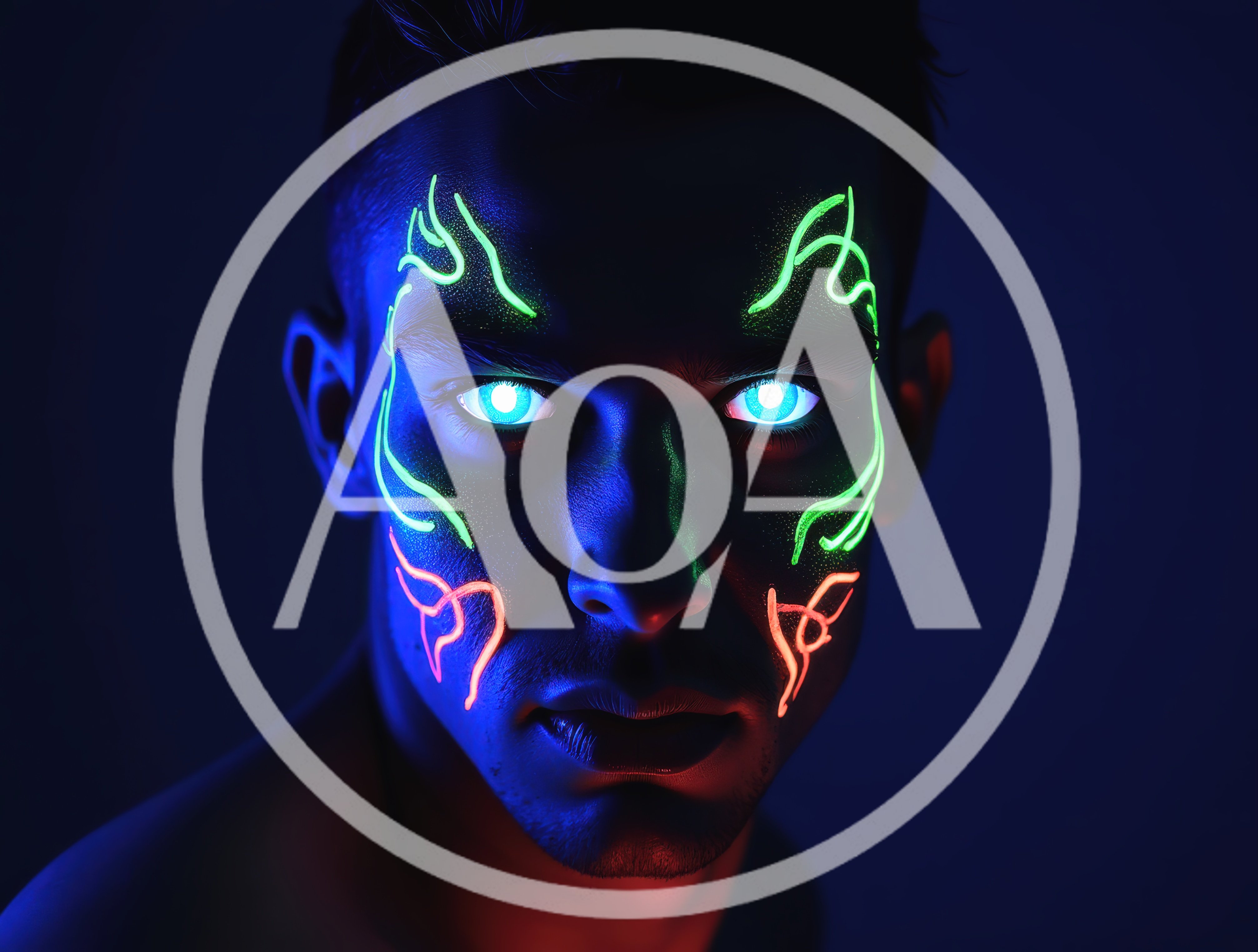 Portrait Of A Man With Glowing Neon Face Paint