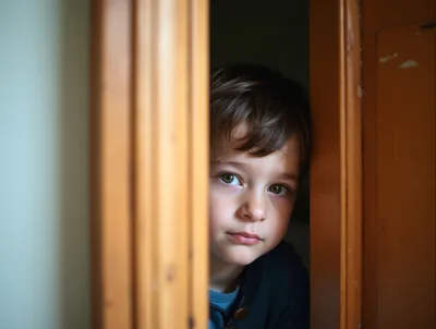 Young Boy Peeking Through A Wooden Doorway