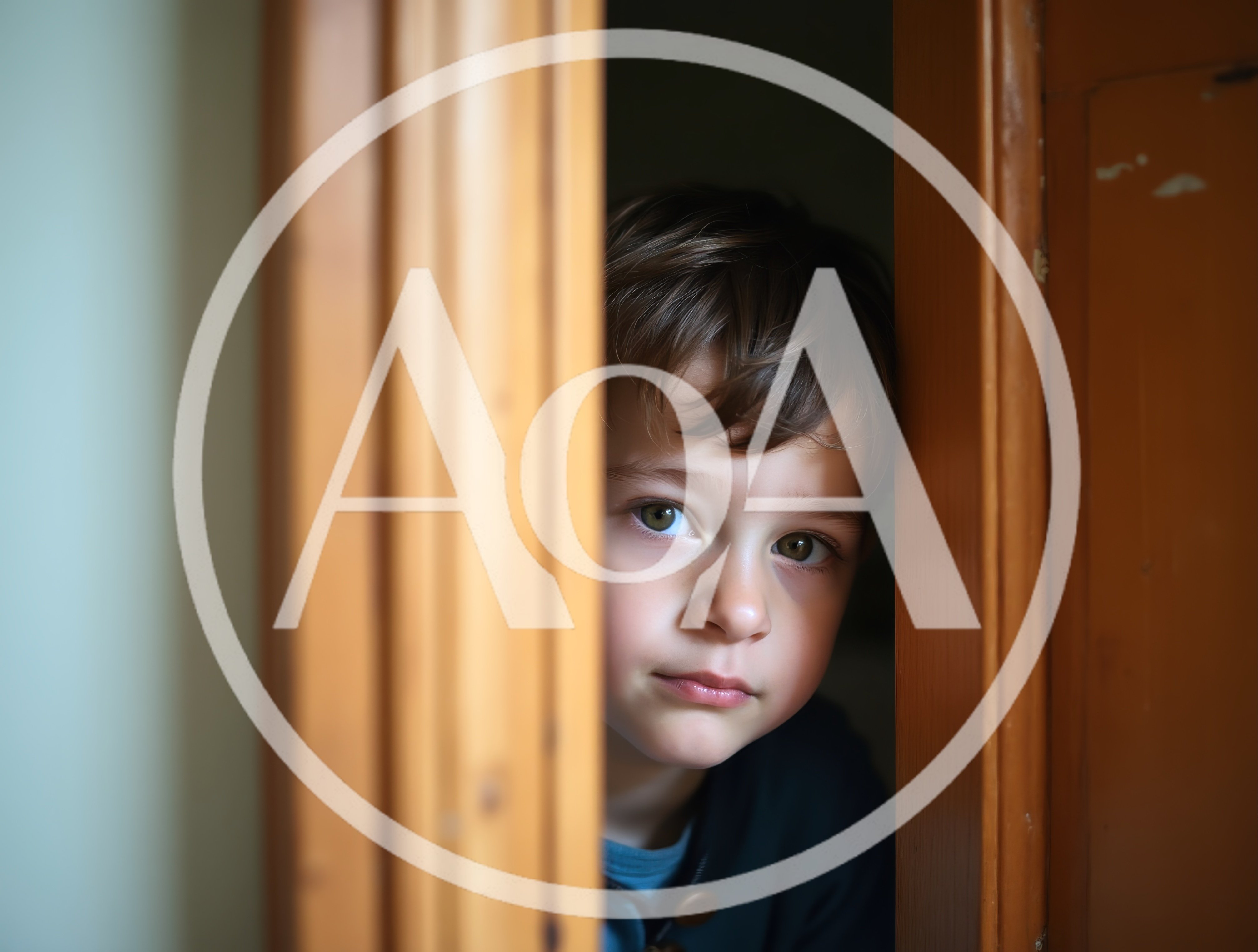 Young Boy Peeking Through A Wooden Doorway