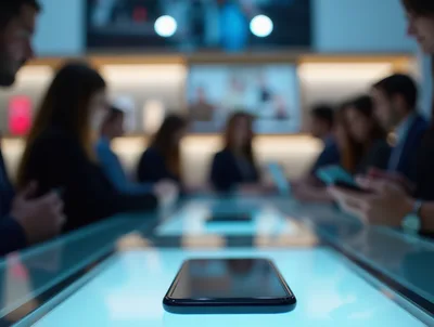 Smartphone Displayed on Illuminated Table in Modern Office