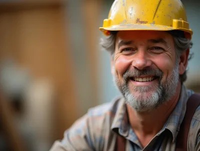 Smiling Middle Aged Construction Worker Wearing Hard Hat