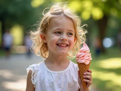 Happy Young Girl Eating Pink Ice Cream
