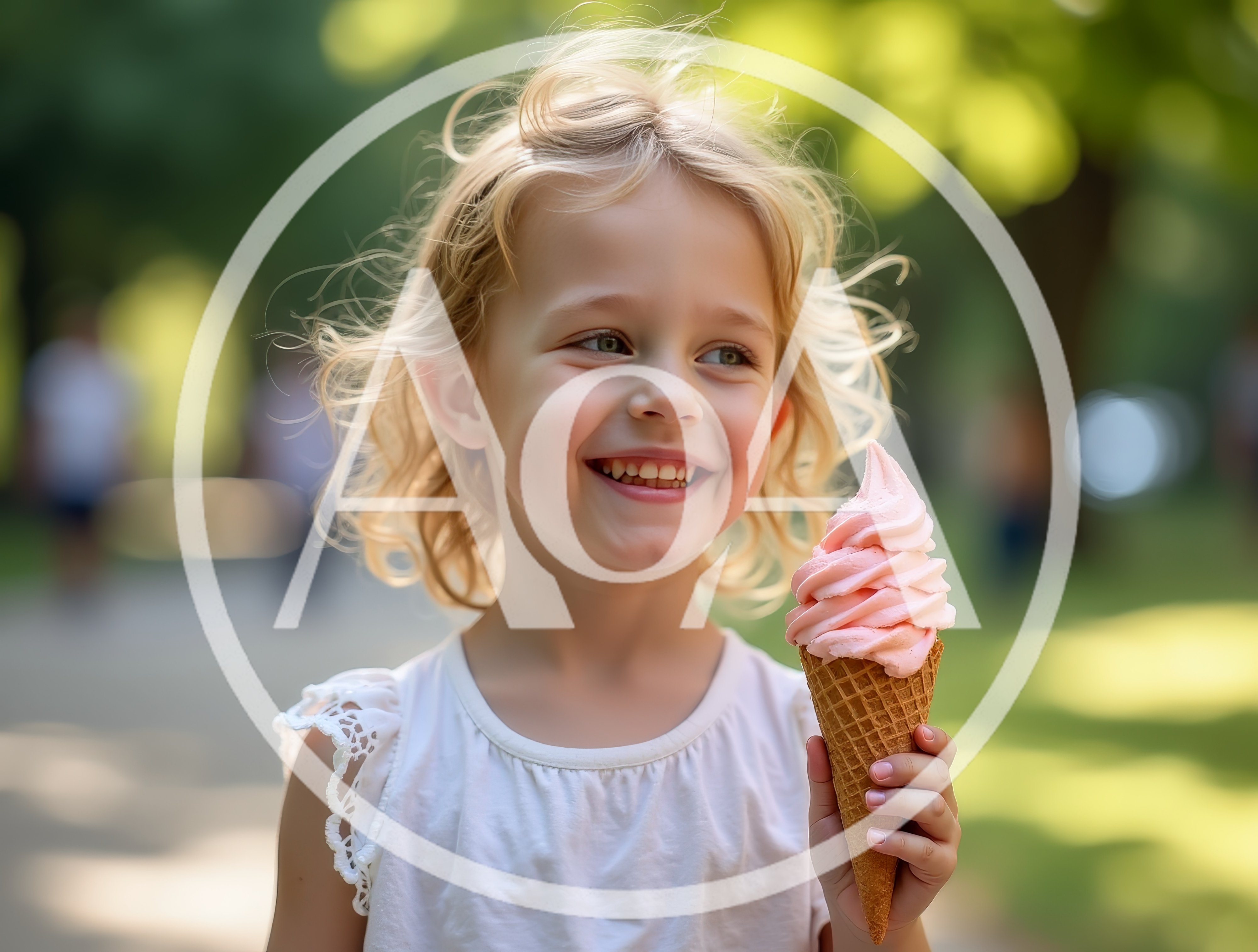 Happy Young Girl Eating Pink Ice Cream